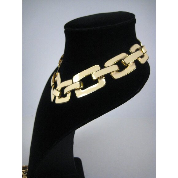 Vintage Chunky Goldtone Cream Enamel Link Chain Necklace 18 inch Collar Statemen - Picture 6 of 9